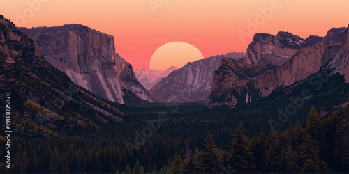 Atmospheric mountain landscape panorama featuring a misty forest valley under a vibrant sunrise and sunset sky with snow peaks and autumn trees in a serene nature travel view