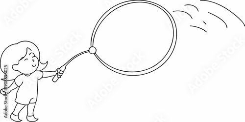 A child playfully swings a large hoop with motion lines