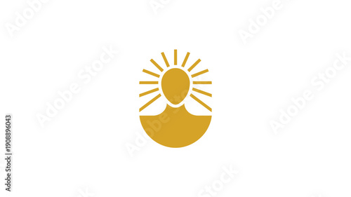 Enlightened Human Head Icon with Sun Rays, Minimalist Golden Symbol Isolated on White Background, Symbolizing Wisdom and Success