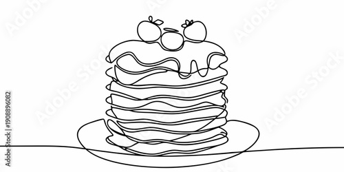 A continuous line drawing of a stack of pancakes with strawberry toppings