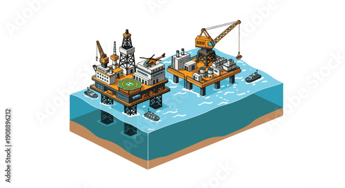Isometric Offshore Oil Rig Marine Ocean Platform Vector Illustration