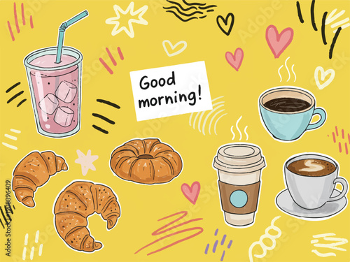 Cartoon style morning food and drinks with good morning text on yellow background with doodle elements