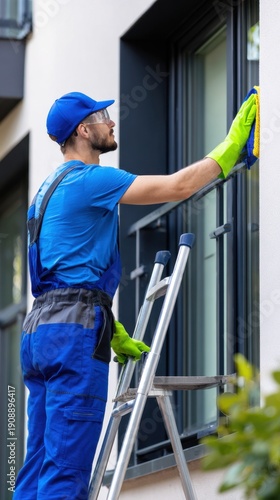 A male window cleaner in blue uniform and gloves stands on a ladder, wiping a glass door outside in morn sun
