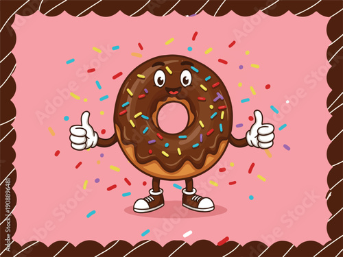 Chocolate donut character with colorful sprinkles giving thumbs up on pink background with brown border