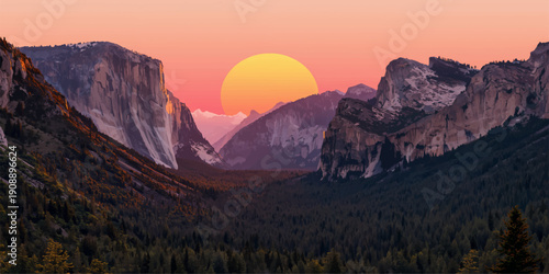 Majestic winter landscape view of a snow covered mountain peak at sunset with glowing clouds over a high Himalayan valley panorama