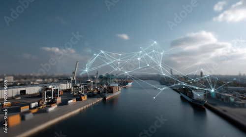 Wide view of port with futuristic global network overlay showing digital connection and technology in shipping and logistics