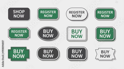 Call to Action Buttons Set with Shop Register Buy Now Text, Green and Black Design
