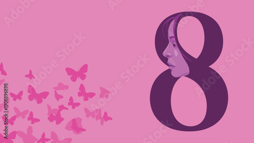 International Womens Day Number 8 with Crying Woman Profile and Butterflies Vector Graphic