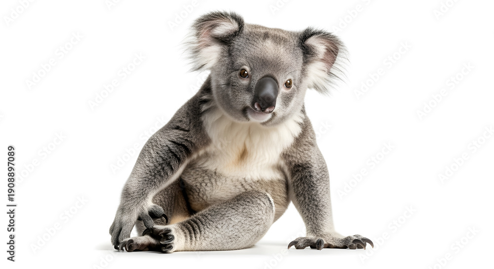 Fototapeta premium Charming Australian koala, a unique marsupial from Down Under, sitting peacefully and looking forward, isolated on a clean white background
