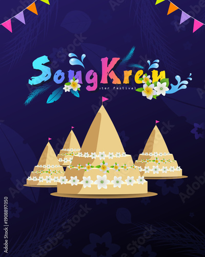 A lively Songkran festival background featuring of sand Temple bulding, playful water splashes, and bright colours that express summer celebration and party energy concept