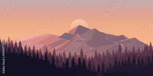 Atmospheric mountain landscape at sunset with sun rays over peaks and mist in the clouds vector illustration