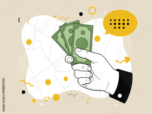 Hand holding green banknotes money cash with black sleeve and beige background with yellow and white shapes
