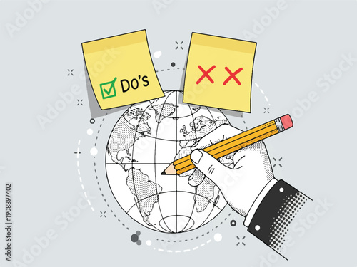 Hand holding pencil with dos and donts notes on globe  business decisions and choices