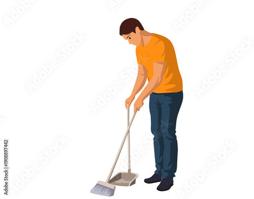 Vector Illustration of a Man Sweeping Floor with Broom and Dustpan Flat Design Character Isolated on White