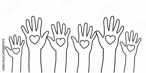 A collection of hands raised with heart shapes in their palms