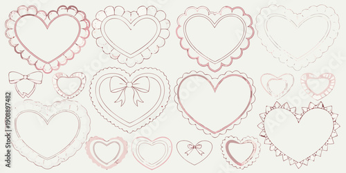 Collection of delicate hand drawn hearts and bows in soft pink tones