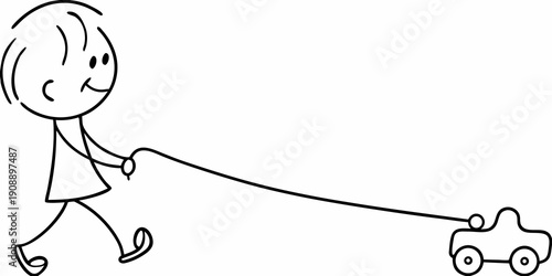 Simple line drawing of a child walking a toy car on a leash