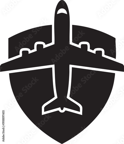 Airplane silhouette on a shield, representing aviation safety, travel security, and airline protection