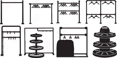 Black and white illustration of various clothing rack designs