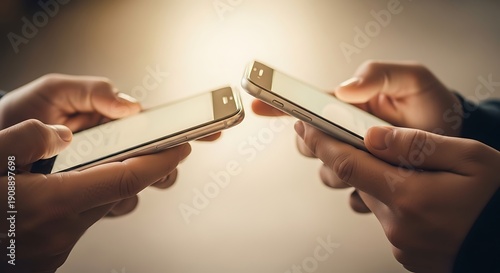 Close-up of two people holding smartphones in their hands, sharing information
