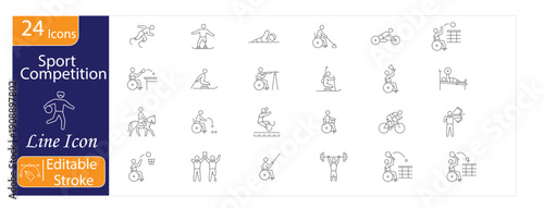 Sport Competition Icons Set, Tournament, Team Match, Medal, Trophy, Athletic Event, Scoreboard, Player Performance, Editable Stroke Vector Illustration.
