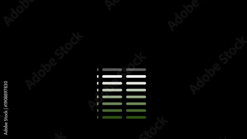 Sound Wave Equalizer Animation, Vertical Audio Meter Bars on Dark Background, Music Rhythm Visualization, Digital Frequency Spectrum, DJ Setup Interface Motion Graphics