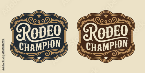 Rodeo champion vintage western emblem, ornate cowboy label with belt buckle, bull rider medal, and typographic badge design for ranch branding, posters, apparel prints, logos, and retro western graphi