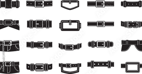 Collection of various belt buckle and strap designs icons