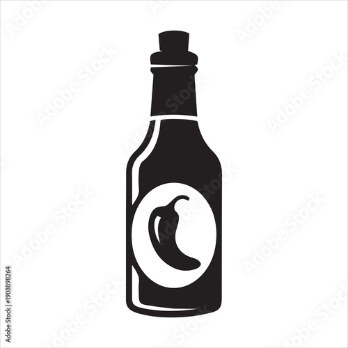 Classic hot sauce bottle icon with a chili pepper label for spicy condiment designs Vector