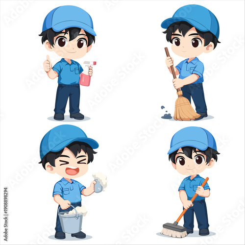 Collection element adorable of cartoon cleaning service with hand drawn