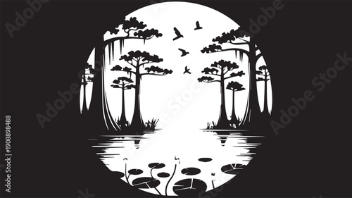 Black and White Circular Emblem Design of a Serene Wetland Landscape with Trees and Birds
