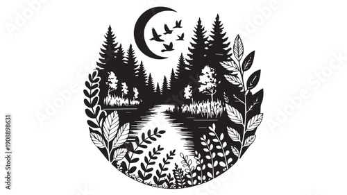 Graphic Silhouette of a Serene Forest Landscape with River, Crescent Moon, and Flying Birds at Night