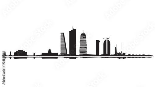 Striking black and white silhouette of a contemporary urban city skyline graphic illustration
