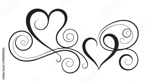 Elegant Black and White Swirls and Hearts Decorative Flourish Illustration