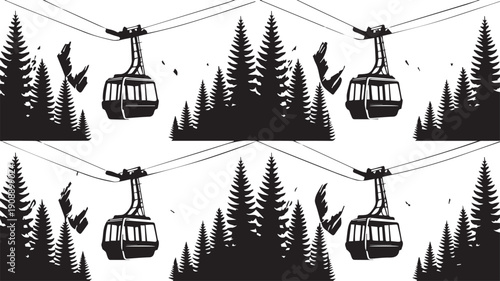 Black and white illustration of ski lift cabins moving over pine trees on a mountain