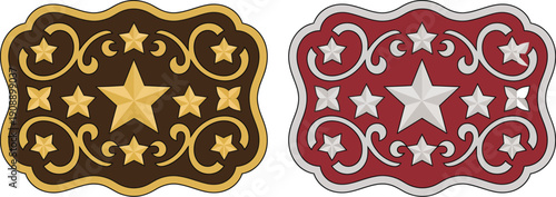 Sheriff star rodeo western badge vector, cowboy belt buckle emblem with Texas five-point star, wild west decorative frame, and vintage rodeo event typography for ranch branding, posters, apparel, and 