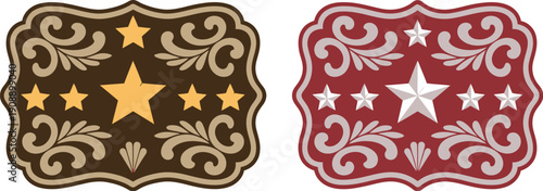 Sheriff star rodeo western badge vector, cowboy belt buckle emblem with Texas five-point star, wild west decorative frame, and vintage rodeo event typography for ranch branding, posters, apparel, and 