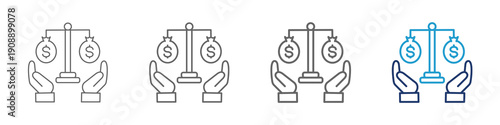 Equity icon with thick lines and blue color for illustration design with two hands hold the court of dollar's bag. Two or more people have the rights in the ownership or something in a business.