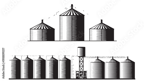 Agricultural Silos and Water Tower Illustration