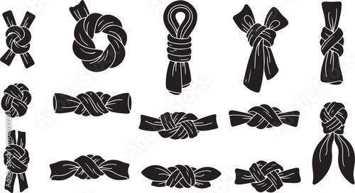 Various knots and ties in black and white illustrations