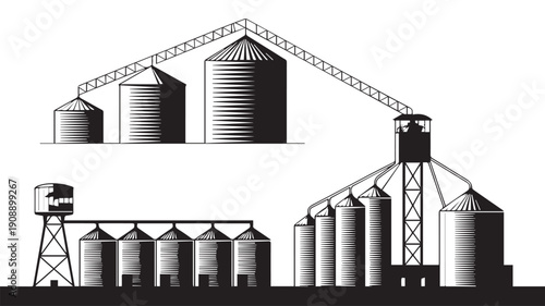 Grain storage facility with multiple silos and conveyor system illustration