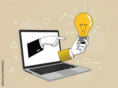 Laptop computer with hand pointing out and another hand holding light bulb  business idea and innovation concept