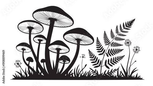 A monochrome illustration of forest floor fungi with ferns and wildflowers