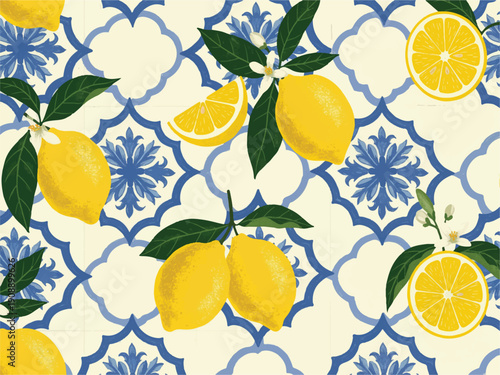 Lemons and lemon slices with green leaves on a blue and white patterned background