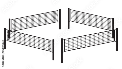 Monochromatic graphic set of sports nets, ideal for court game illustrations and athletic venue layouts