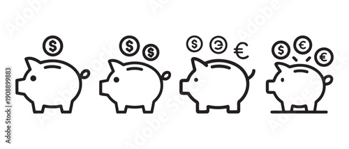 Piggy Bank Icons with Coins. Saving Money, Investment, Financial Growth, Currency Exchange, Vector Art.