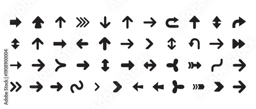 Collection of Black Arrows and Directional Icons for Navigation and Choice, Various Styles.
