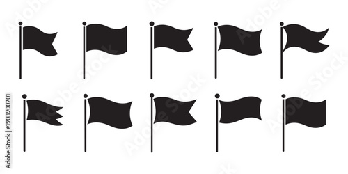 Set of Black Flags Waving on Poles, Isolated Vector Icons for Symbolism and Design Elements.