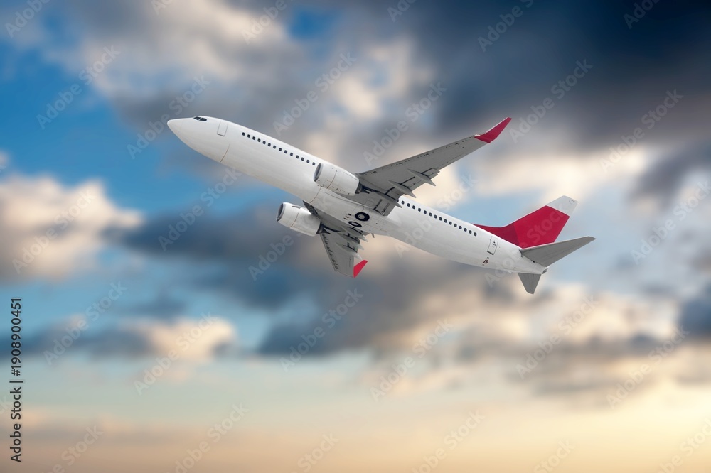 Fototapeta premium Airplane in flight in sky, for travel background