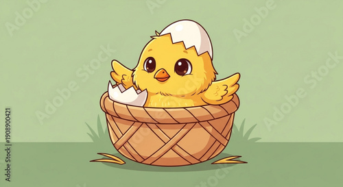 Yellow chick hatching from egg, cartoon style, isolated on green background